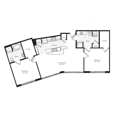 Floor plan for 2 beds, 2 baths, 1215 sqft